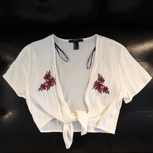 NWOT Embroidered Tie Front Crop Top